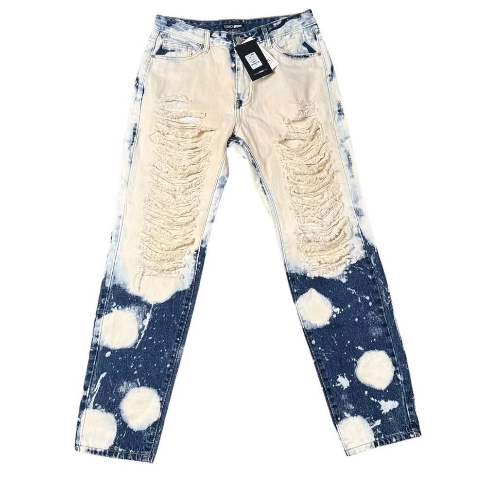 Fashion Nova Break It Off Boyfriend Jeans Bleach Blue Wash Distressed Size 5 NEW
